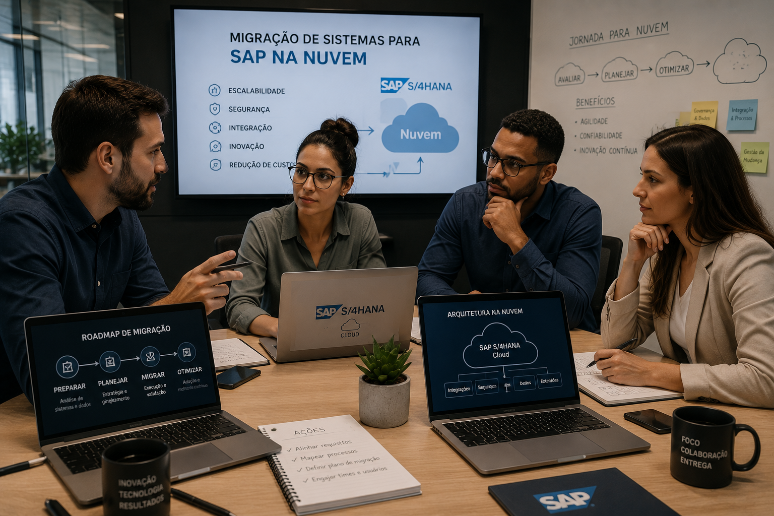 Profissionais reunidos em frente a notebooks discutem soluções para migração de sistemas para SAP na nuvem.