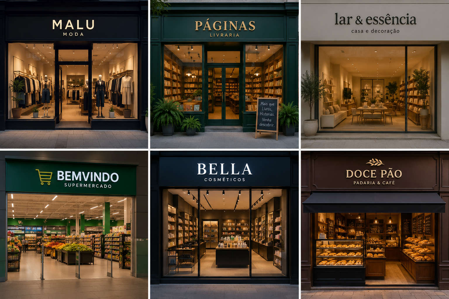 Montagem com diferentes lojas comerciais, representando o varejo omnichannel e a integração entre canais físicos e digitais para melhorar a experiência do cliente.