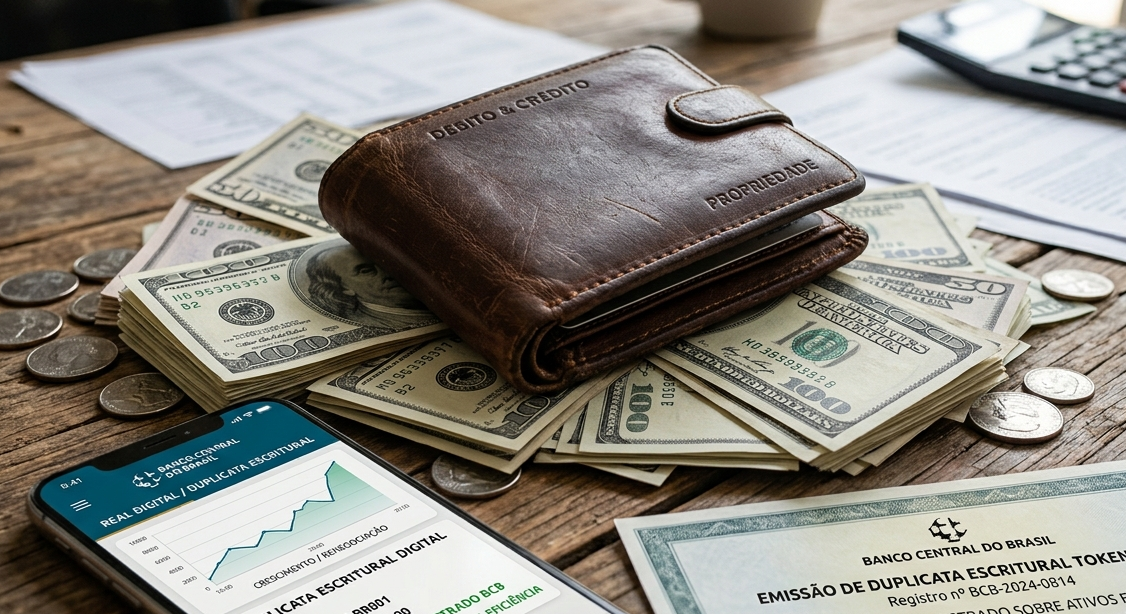 Carteira de couro sobre cédulas de dólar, simbolizando o potencial econômico dos ativos tokenizados com a duplicata escritural lançada pelo Banco Central.
