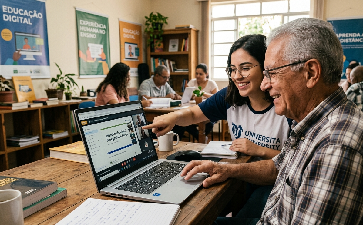 Idoso e jovem interagindo com tecnologia, representando os desafios da educação digital e a importância de manter a experiência humana no ensino à distância.