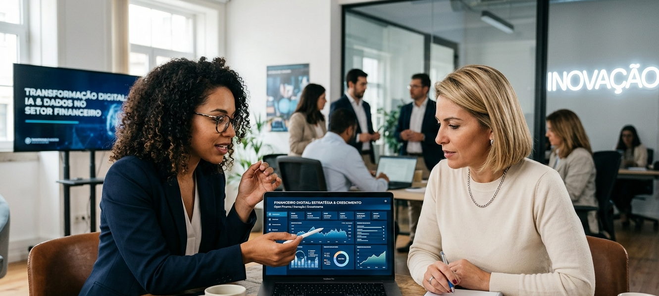 Duas mulheres discutindo estratégias em um laptop, representando a transformação digital além do core bancário no setor financeiro.