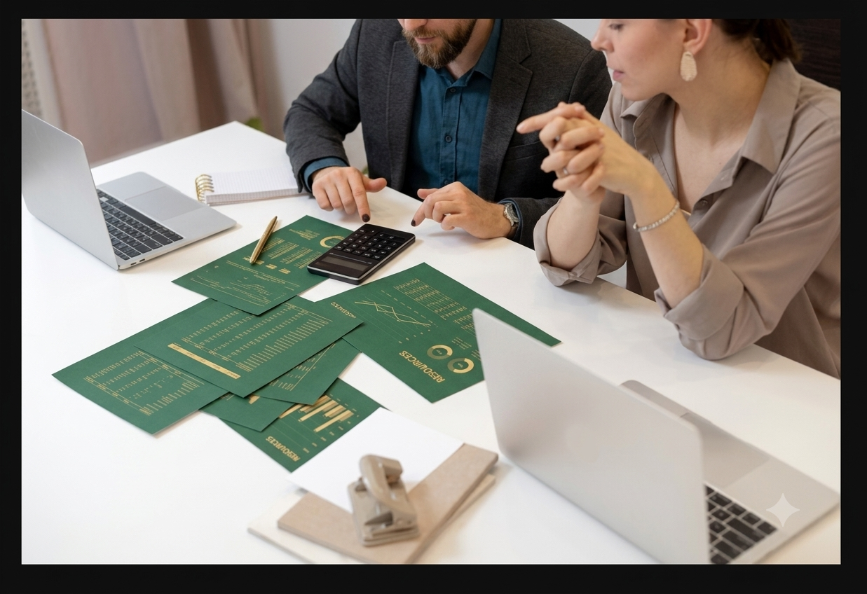 Vista superior de uma mesa de escritório branca onde um homem de terno cinza e uma mulher analisam relatórios financeiros impressos em papel verde-escuro com gráficos dourados. Sobre a mesa, há dois notebooks abertos, uma calculadora preta e uma caneta dourada, ilustrando uma reunião de análise financeira e tomada de decisões.