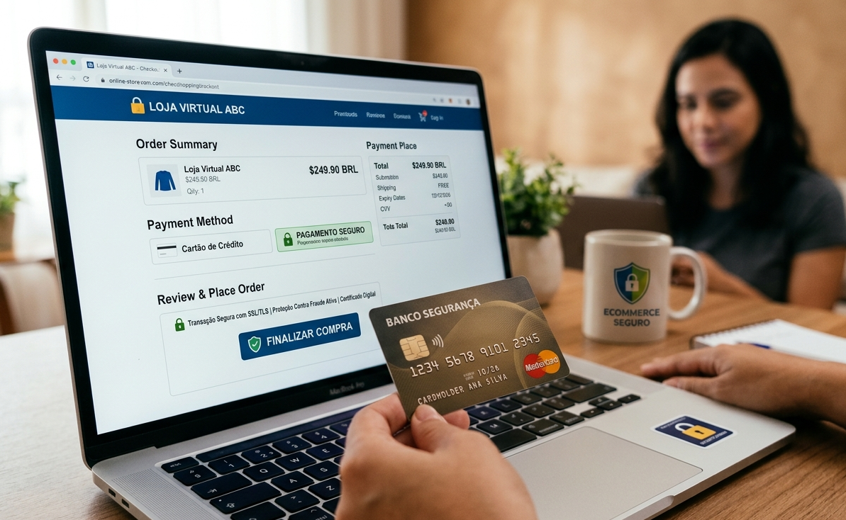 Uma pessoa realiza uma compra online em um notebook utilizando um cartão de crédito. A tela exibe selos de segurança e a mensagem "PROTEÇÃO CONTRA FRAUDES", destacando a importância de uma estratégia antifraude para garantir transações seguras e o crescimento do e-commerce.
