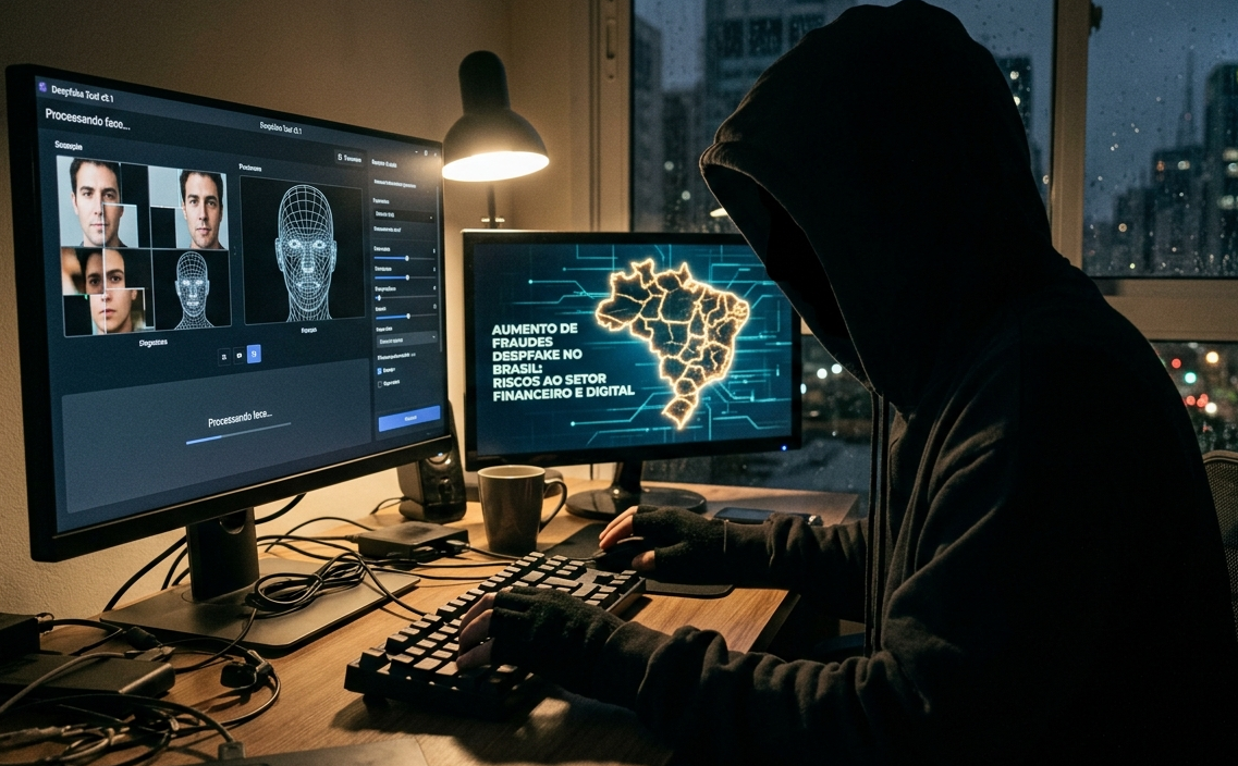 Homem encapuzado usando computador, representando o aumento das fraudes com deepfake no Brasil e os riscos para o setor financeiro e digital.