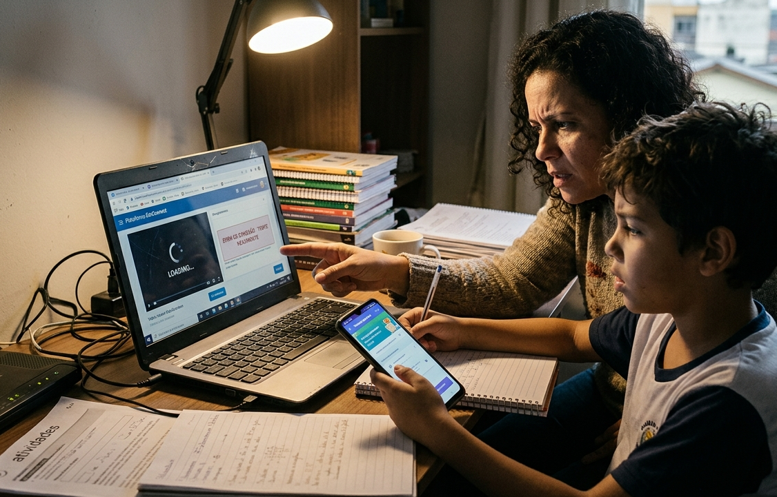 Mulher ajudando um menino em atividade online, representando desafios do ensino digital e impacto da fragmentação de sistemas educacionais.