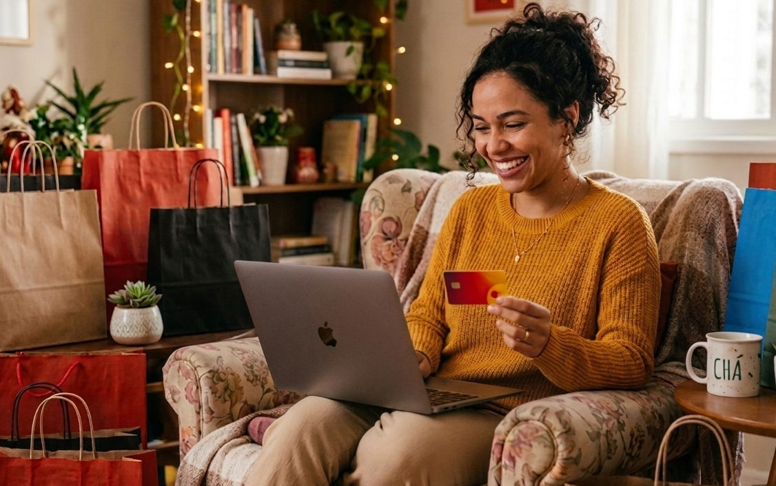 Mulher sorridente realizando compra online com cartão de crédito, cercada por sacolas de compras, representando a modernização dos pagamentos digitais com Click to Pay e Passkeys no e-commerce brasileiro.