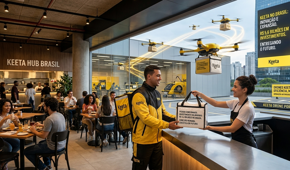Fotografia realista do interior de um restaurante moderno e movimentado em São Paulo. No centro, um entregador sorridente com uniforme e mochila térmica amarelos e pretos da Keeta recebe um pedido de uma funcionária no balcão. Através da grande janela de vidro ao fundo, vê-se um pátio tecnológico ("Keeta Drone Port") com vários drones amarelos de delivery voando e transportando caixas sob o céu da cidade, simbolizando a inovação logística no Brasil.