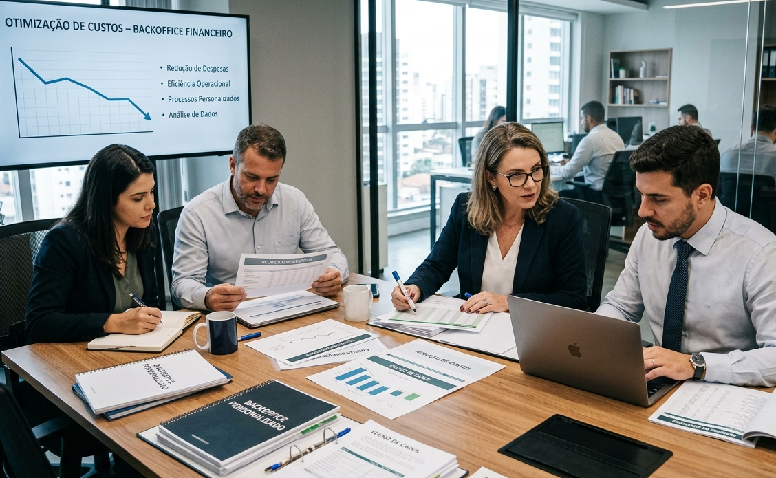 Equipe analisando documentos financeiros em reunião, representando a importância de um backoffice financeiro personalizado para reduzir custos.