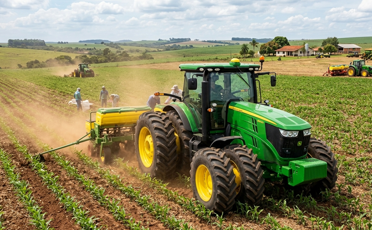 Trator verde moderno em atividade no campo com trabalhadores manuais ao fundo, representando os desafios de implementação de novas tecnologias agrícolas.