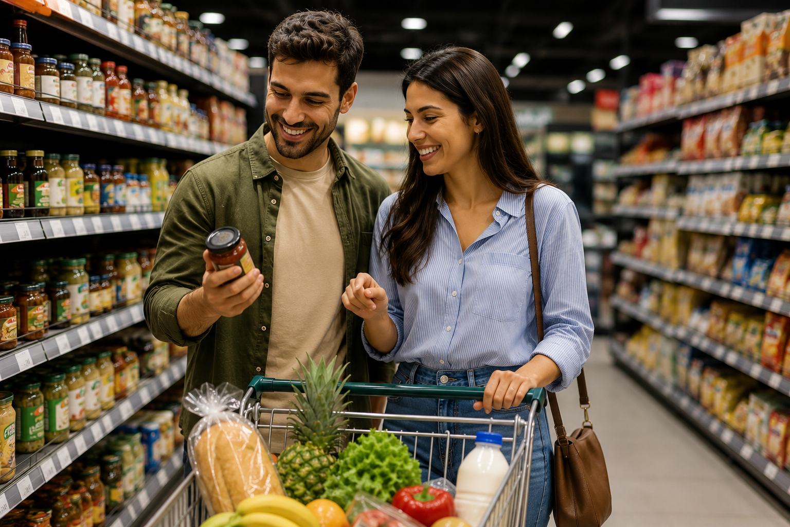 Casal sorridente faz compras em um supermercado, empurrando um carrinho repleto de alimentos frescos enquanto observa um produto na prateleira. A cena representa a experiência de compra no PDV, destacando um ambiente organizado, moderno e acolhedor que simboliza a eficiência e a proximidade entre consumidores e o varejo.