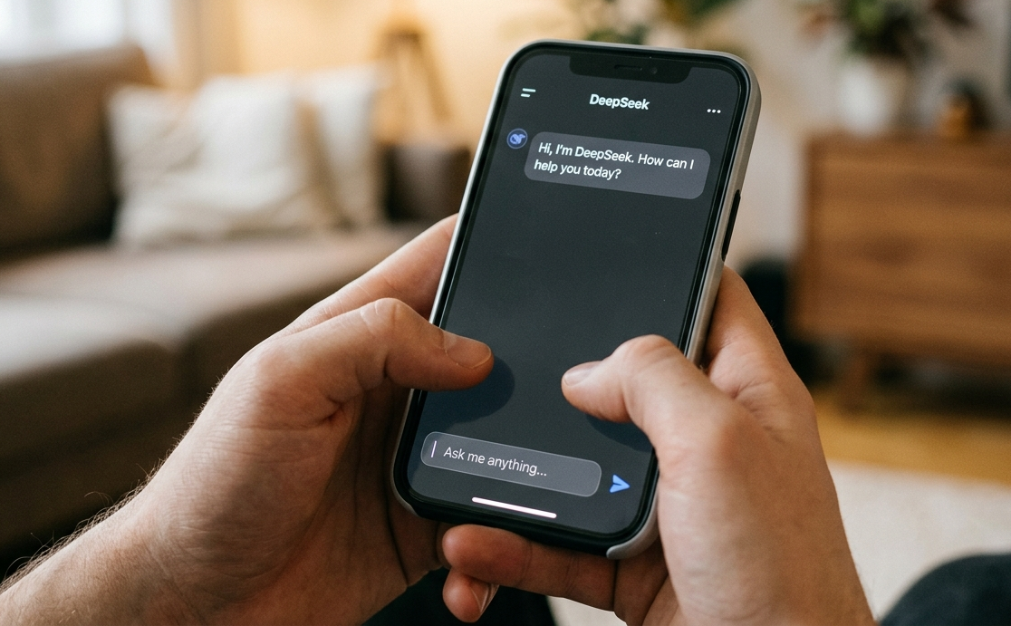 Pessoa segura um smartphone exibindo a interface do chatbot DeepSeek em modo escuro, com a mensagem de boas-vindas “Hi, I’m DeepSeek. How can I help you today?” e o campo de digitação aberto, pronto para iniciar a conversa.