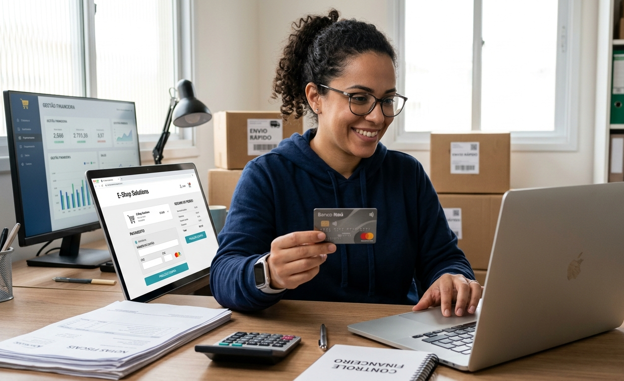 Uma mulher sorridente com cabelos cacheados e óculos está sentada a uma mesa de madeira em um escritório doméstico, segurando um cartão de crédito em frente a um notebook aberto, pronta para finalizar uma transação. Ela veste um casaco azul e está rodeada por caixas de papelão, dois monitores e materiais de escritório.