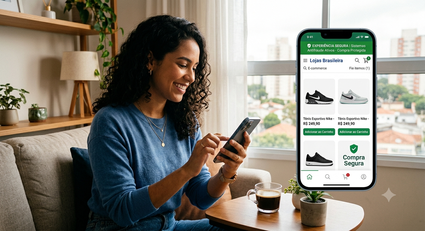 Uma mulher sorridente usa seu smartphone, que exibe um aplicativo de e-commerce com a mensagem de destaque: ‘EXPERIÊNCIA SEGURA | Sistemas antifraude Ativos - Compra Protegida’, simbolizando a segurança nas transações online.