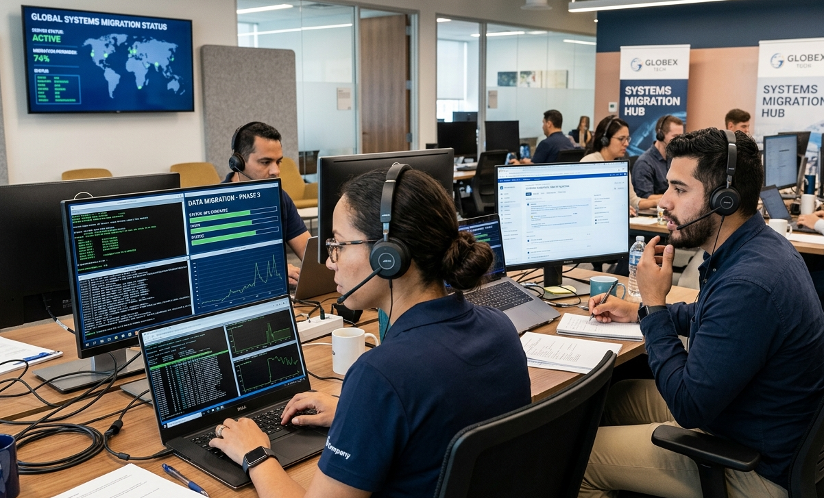 Profissionais de suporte técnico utilizam notebooks com headsets em ambiente corporativo durante processo de migração de sistemas.