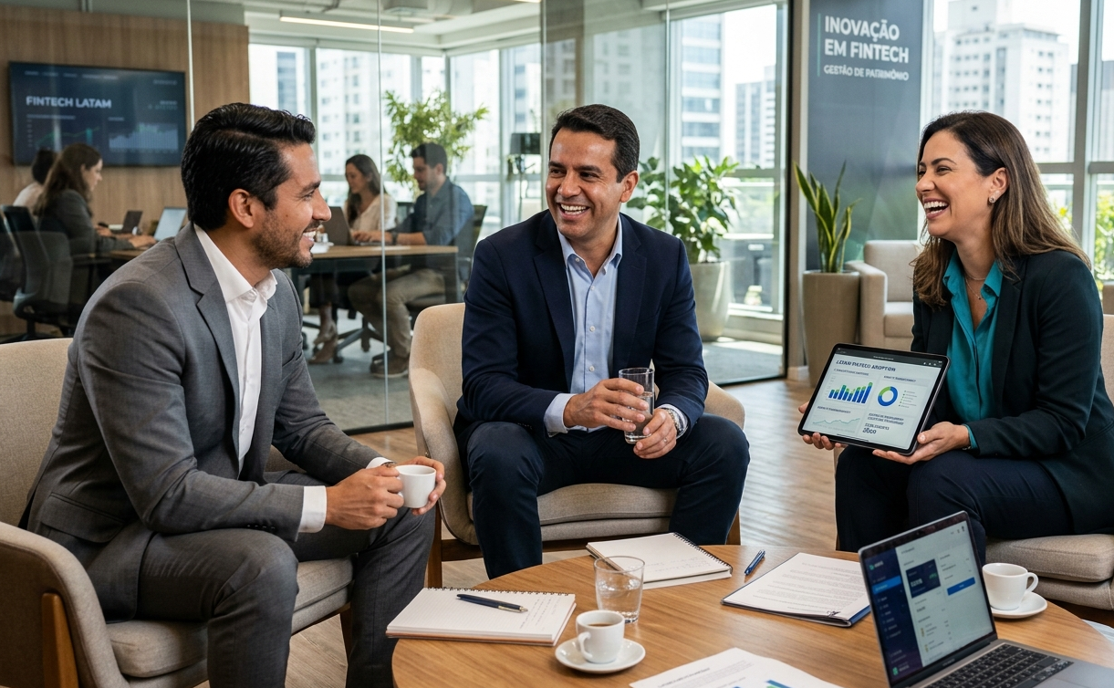 Três executivos sorriem em um escritório moderno. Uma mulher segura um tablet com gráficos e dados financeiros. Ao fundo, uma TV exibe a inscrição "FINTECH LATAM" e, na parede, o texto "INOVAÇÃO EM FINTECH - GESTÃO DE PATRIMÔNIO".