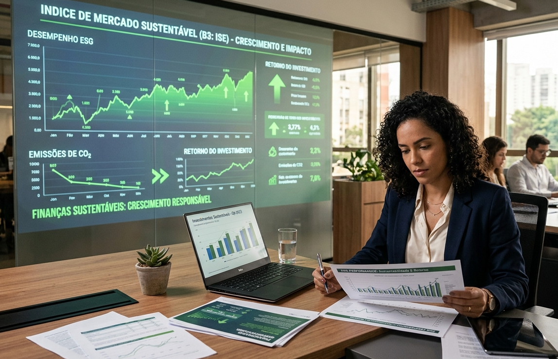 Nesta imagem, uma profissional de finanças está focada na análise de relatórios financeiros, comparando o desempenho de investimentos tradicionais com estratégias de Finanças Sustentáveis. O grande gráfico de mercado projetado atrás dela ilustra a crescente relevância e o impacto dessas alternativas éticas no cenário de investimentos moderno. A imagem transmite a mensagem de que a sustentabilidade não é apenas uma tendência passageira, mas sim um fator essencial para o sucesso financeiro e o bem-estar do planeta a longo prazo.