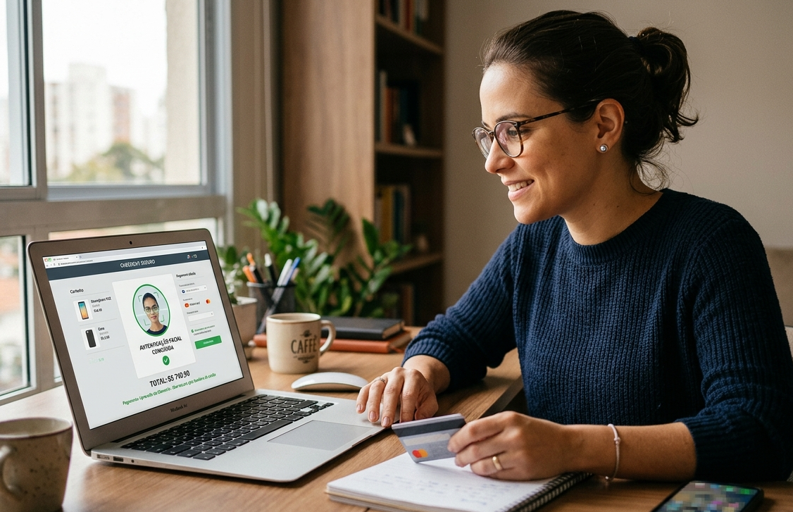 Uma mulher sorri enquanto faz compras online no notebook, que exibe sua autenticação facial concluída. Ela segura um cartão de crédito, simbolizando o fluxo de aprovação de pagamentos via autenticação das bandeiras de cartão.