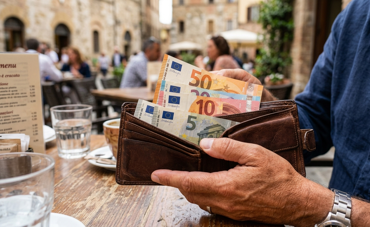 Visão em primeiro plano das mãos de uma pessoa segurando uma carteira de couro marrom aberta sobre uma mesa de madeira em um restaurante ao ar livre na Itália. Da carteira, saem várias notas de Euro, incluindo cédulas de 5, 10 e 50 euros, prontas para o pagamento da conta. Esta imagem ilustra uma transação em dinheiro, mas o local também poderia aceitar alternativas modernas como um PIX em euros via transferências instantâneas internacionais SEPA.