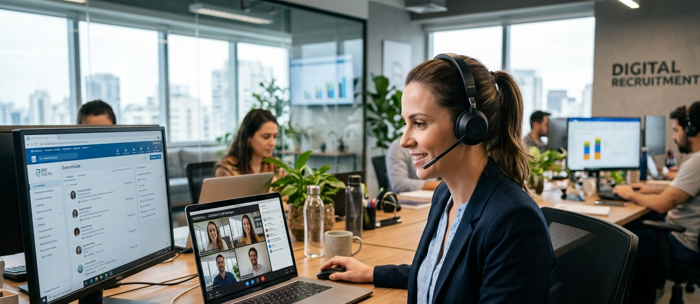 Uma mulher branca de cabelos castanhos presos em um rabo de cavalo e vestindo um blazer azul marinho e uma blusa azul clara, sentada em uma mesa de escritório moderno. Ela usa um headset preto e sorri enquanto interage com um notebook que exibe uma videochamada com quatro pessoas. Um monitor maior ao lado mostra um software de recrutamento com perfis de candidatos e análises. No fundo, à direita, um letreiro na parede diz "DIGITAL RECRUITMENT" em letras maiúsculas e minúsculas. Outras pessoas trabalham em mesas ao fundo, e a cena demonstra o uso da tecnologia moderna no processo de Recrutamento com IA.