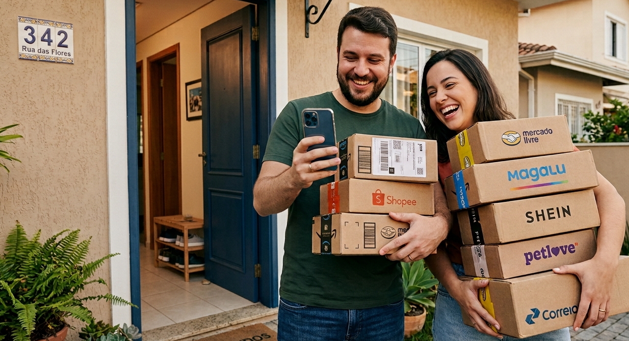 Casal sorrindo na porta de casa com várias caixas de compras online (Mercado Livre, Magalu, Shein, Shopee). O homem olha o celular.
