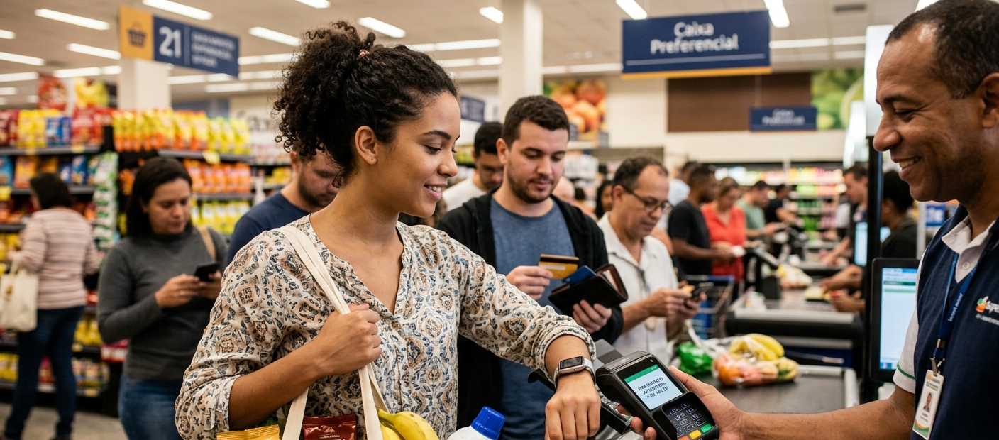 Esta foto mostra a conveniência do pagamento por aproximação no varejo moderno. Uma cliente em um supermercado realiza o pagamento de suas compras de forma rápida e segura, apenas aproximando seu smartwatch do leitor de cartão. O caixa observa a transação com um sorriso, e a imagem transmite a facilidade do processo de pagamento digital.