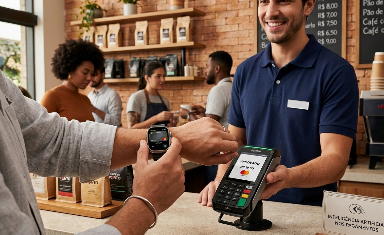 Um close-up em primeira pessoa das mãos de um cliente usando um smartwatch para pagar em um terminal de cartão em uma cafeteria. O atendente, sorrindo e usando uma camisa pólo azul com crachá em branco, segura o terminal. O terminal exibe “APROVADO R$ 19,50” e o logotipo do Mastercard. O smartwatch exibe a interface do Apple Pay. O fundo mostra uma cafeteria movimentada com clientes, prateleiras de café e um menu de quadro negro. Uma placa pequena no balcão tem a onda de pagamento por aproximação e o texto 'inteligência artificial nos pagamentos'.