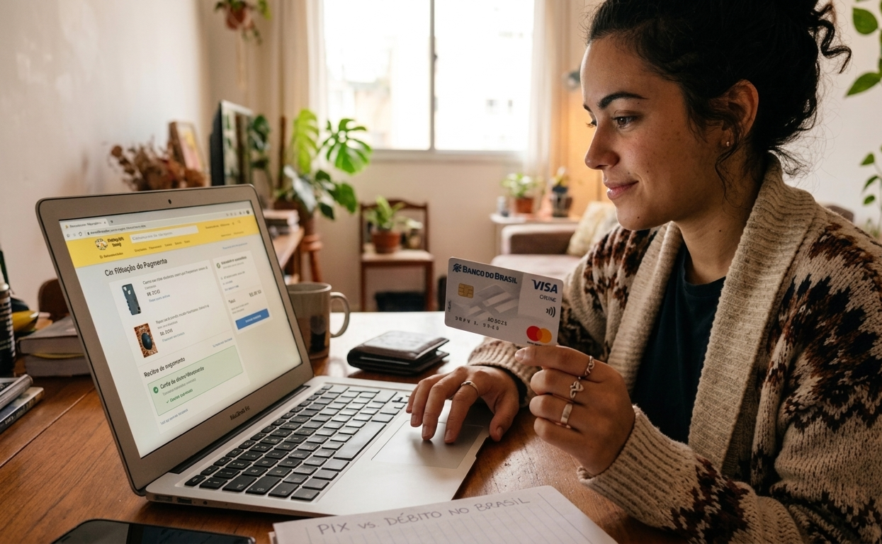Uma jovem em casa utiliza o notebook para compras online. Ela segura seu Cartão de débito, em um contexto onde a escolha entre PIX e débito é pautada pelo questionamento anotado no caderno à sua frente: "PIX vs. DÉBITO NO BRASIL".