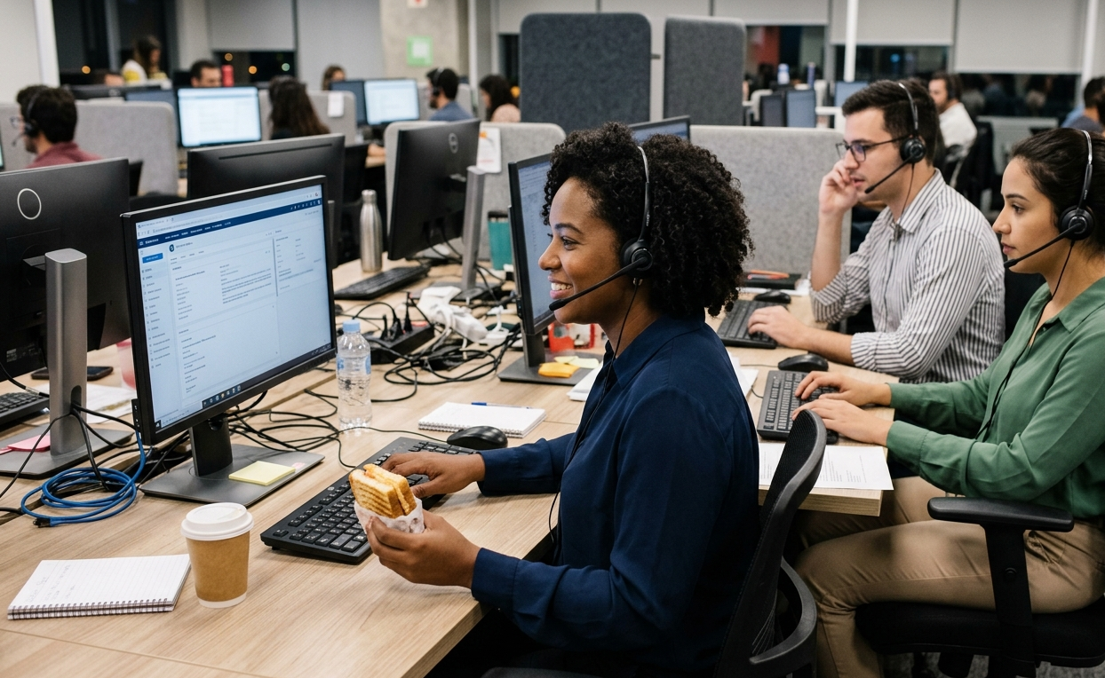 Três profissionais em um call center em São Paulo, Brasil, utilizam fones de ouvido e trabalham em computadores. A mulher em primeiro plano, com um sorriso, segura um sanduíche enquanto aprimora sua eficiência com o auxílio da inteligência artificial, em um ambiente descontraído. Este escritório moderno exemplifica como as empresas brasileiras, ao adotarem essa tecnologia inovadora, experimentam um crescimento expressivo em suas receitas.