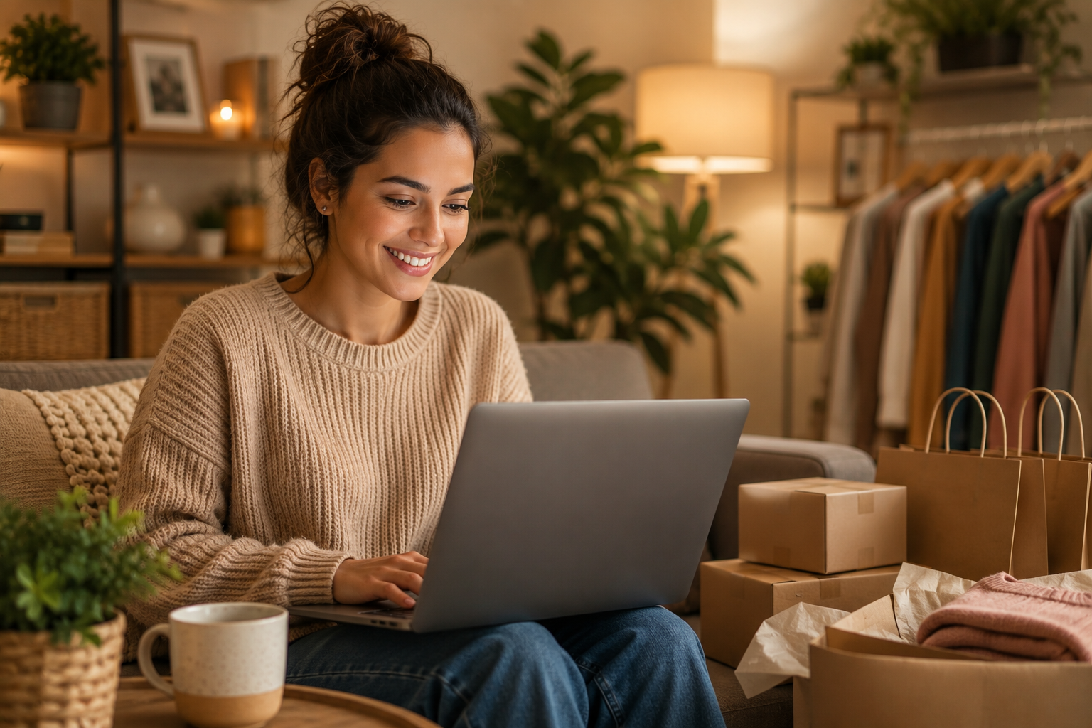 Jovem sorridente utilizando um notebook no conforto de casa, cercada por caixas e sacolas de compras, representando o crescimento do e-commerce e a consolidação das compras online como parte da rotina dos consumidores brasileiros.