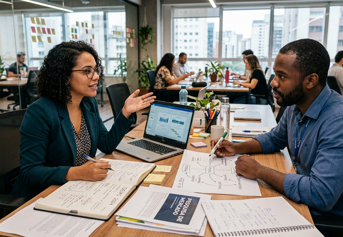 Dois profissionais discutem estratégias em uma mesa de trabalho colaborativa repleta de anotações e gráficos em um escritório moderno, ilustrando a inovação e o planejamento por trás da disrupção do sistema financeiro brasileiro pelas fintechs.