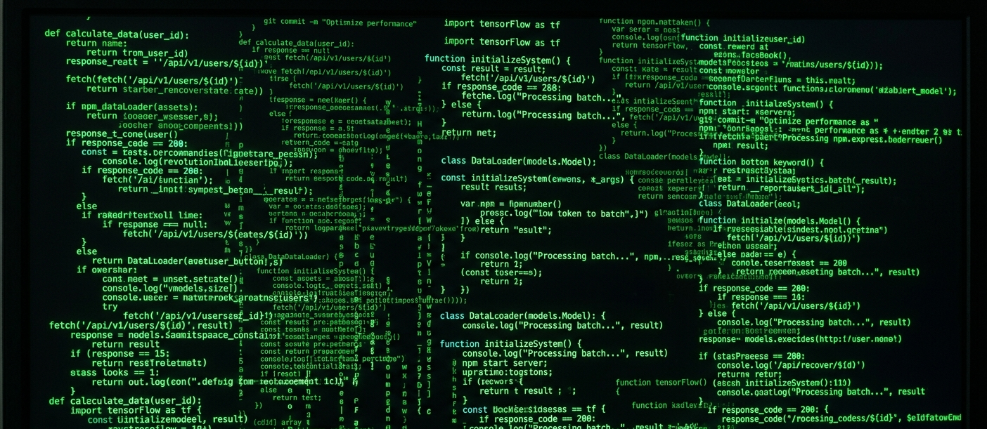 Uma tela de computador escura exibe várias linhas de código de programação em verde brilhante, evocando a estética de cibersegurança e computação de matriz.