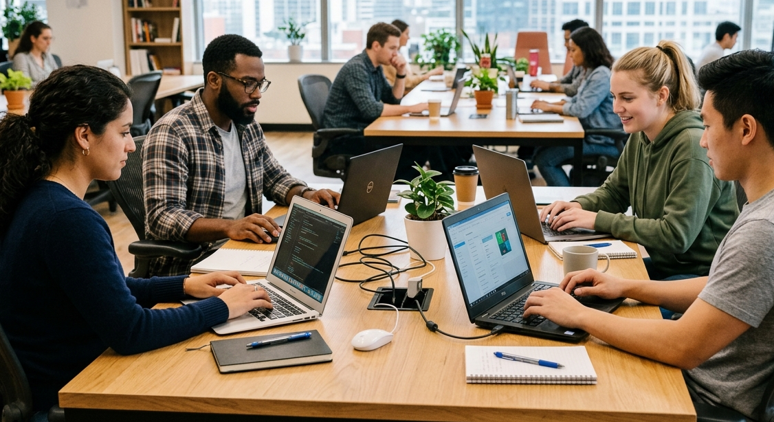 Quatro profissionais jovens e de diversas origens estão sentados ao redor de uma mesa de madeira em um escritório moderno, cada um focado em seu laptop. A imagem transmite colaboração e o tipo de trabalho que profissionais do futuro em áreas como IA realizam.