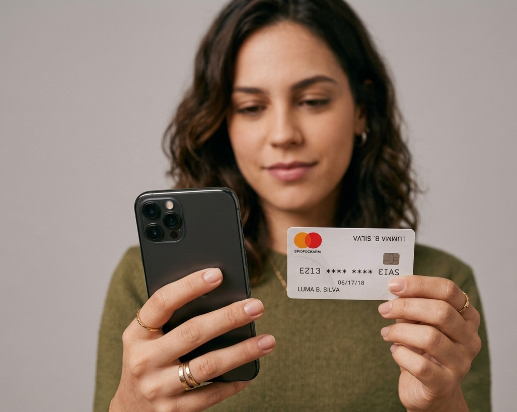 Mulher segurando smartphone e cartão de crédito ao fazer um pagamento mobile.