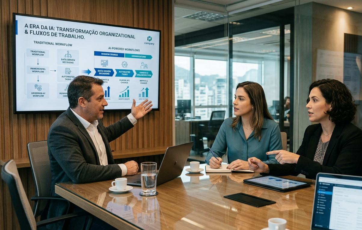 Três profissionais reunidos em escritório moderno discutem fluxo de trabalho com IA em tela de TV, exemplificando a inovação de Frontier Firms.