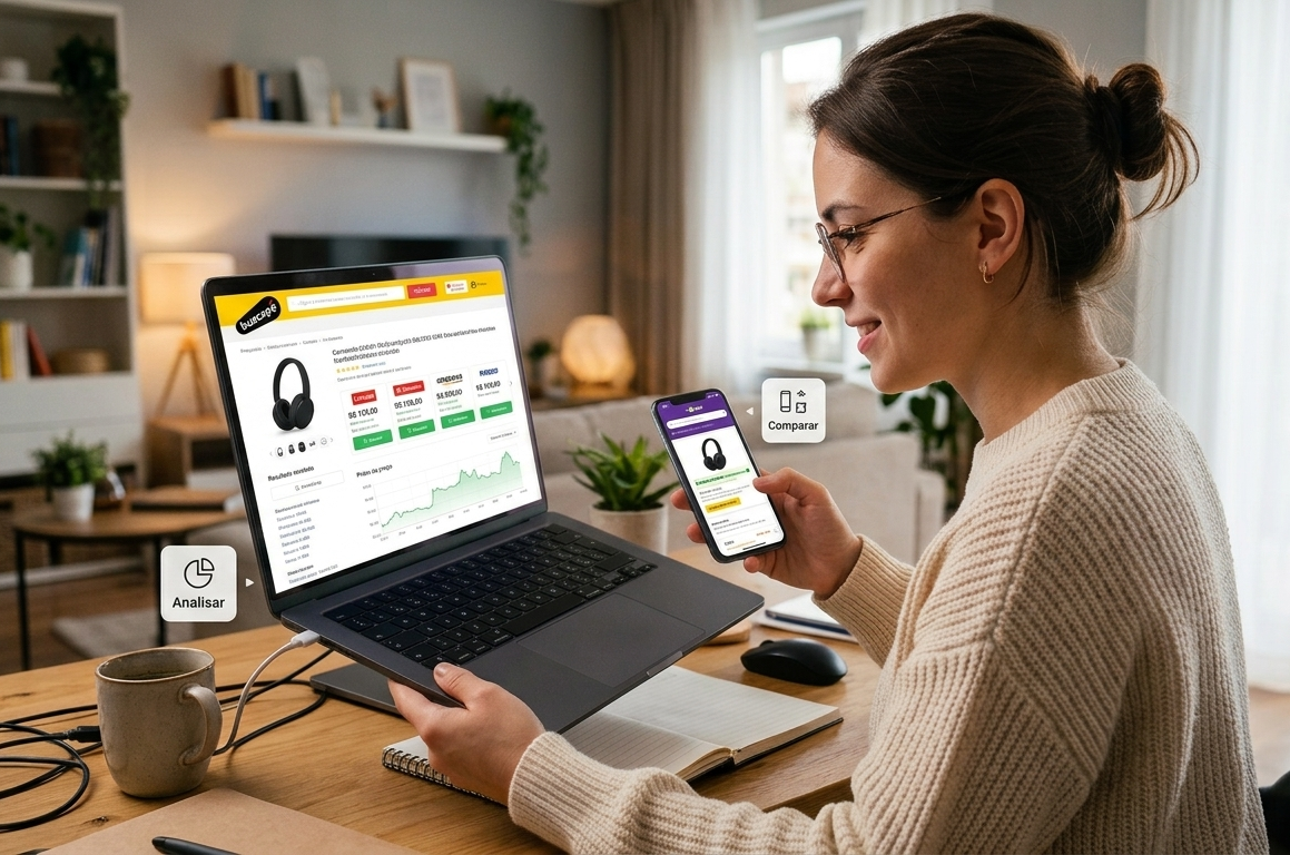 A imagem ilustra uma pessoa sentada em sua sala, comparando ofertas no notebook e no celular. O notebook exibe um gráfico de histórico de preços, enquanto o celular apresenta diferentes opções para um mesmo produto. Esta imagem exemplifica o conceito de Inteligência Artificial redefinindo o preço justo.