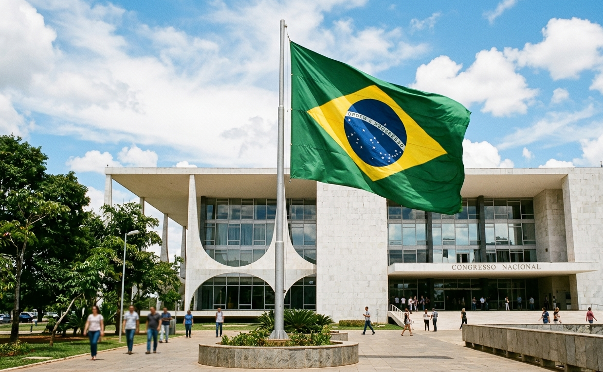 Vista externa de um prédio moderno de infraestrutura tecnológica com a bandeira do Brasil na entrada, representando a expansão dos data centers no país.