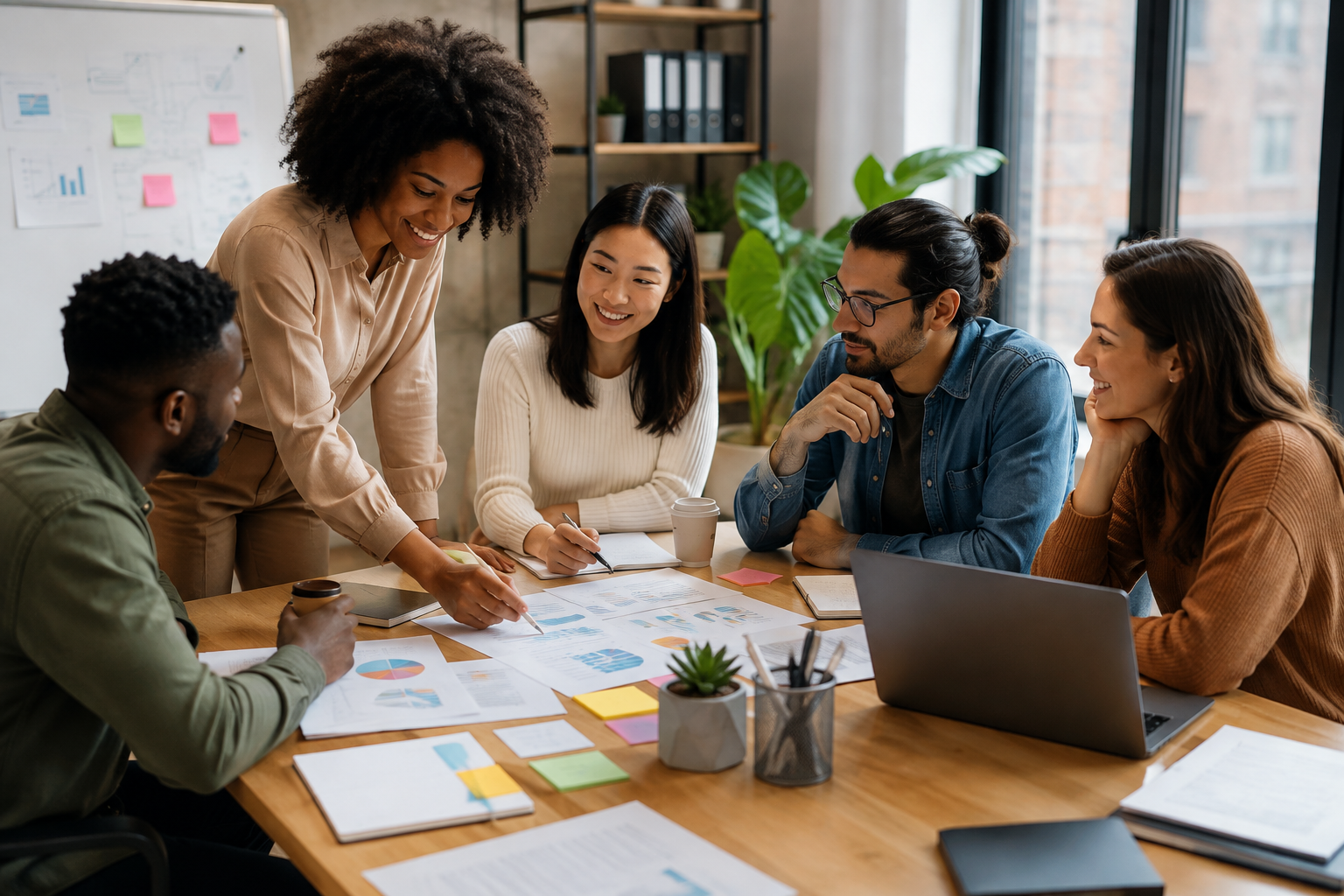 Pessoas de diferentes etnias trabalham e discutem em torno de uma mesa com notebooks, documentos e gráficos, representando o impacto da Inteligência Artificial no futuro do trabalho.