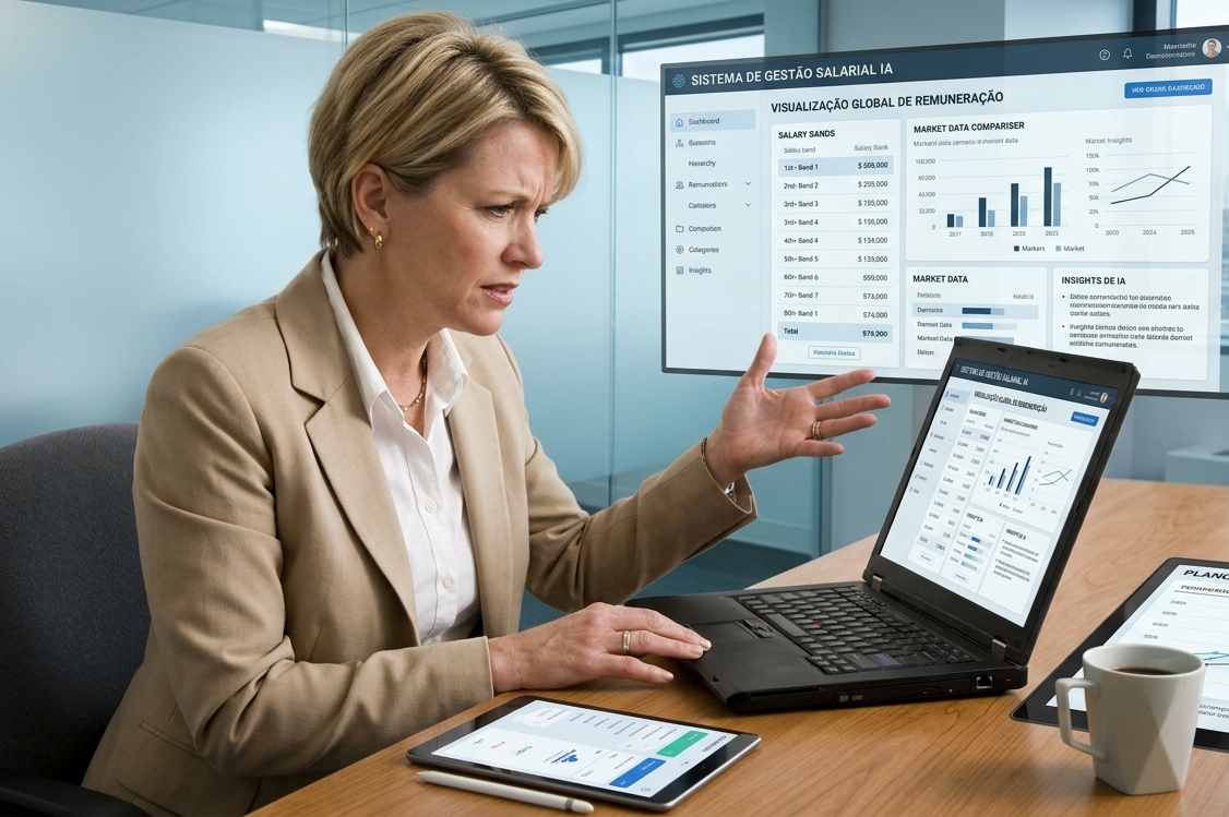 Uma profissional de RH compara dados de planilhas complexas em seu notebook e tablet com um dashboard moderno e intuitivo de Inteligência Artificial para gestão salarial em um monitor grande. A imagem ilustra a transição da complexidade manual do Excel para a clareza e eficiência oferecidas pela IA.