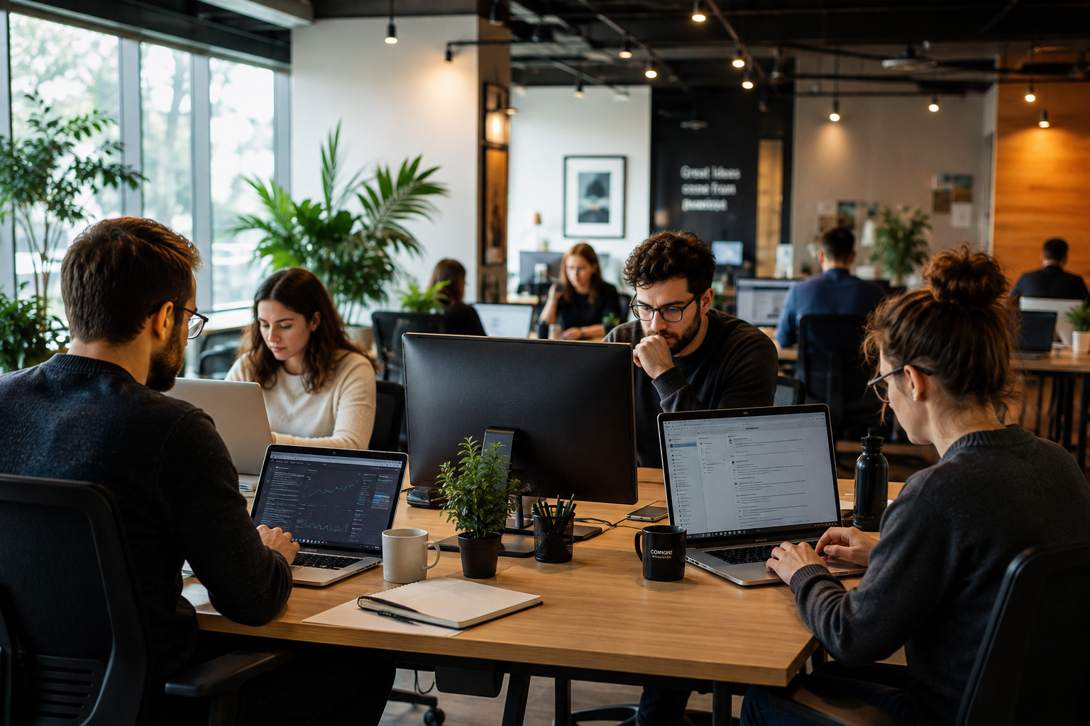 Equipe de especialistas utilizando computadores e laptops em um ambiente de coworking iluminado, representando profissionais que desenvolvem habilidades em Inteligência Artificial valorizadas pelo mercado de trabalho.