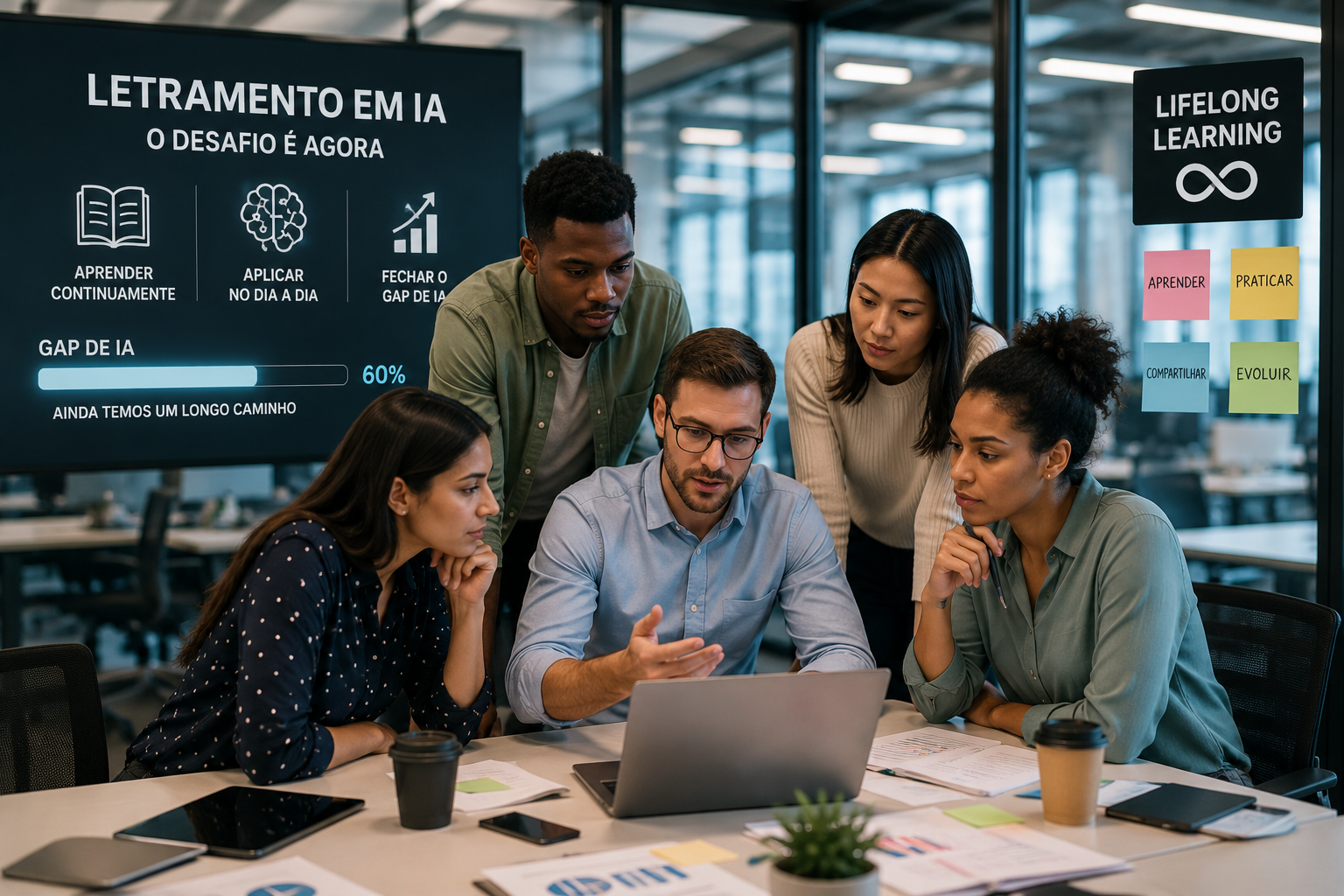 Equipe de profissionais reunida em torno de um notebook em escritório moderno, representando o Gap de Inteligência Artificial e a necessidade de letramento no ambiente corporativo.