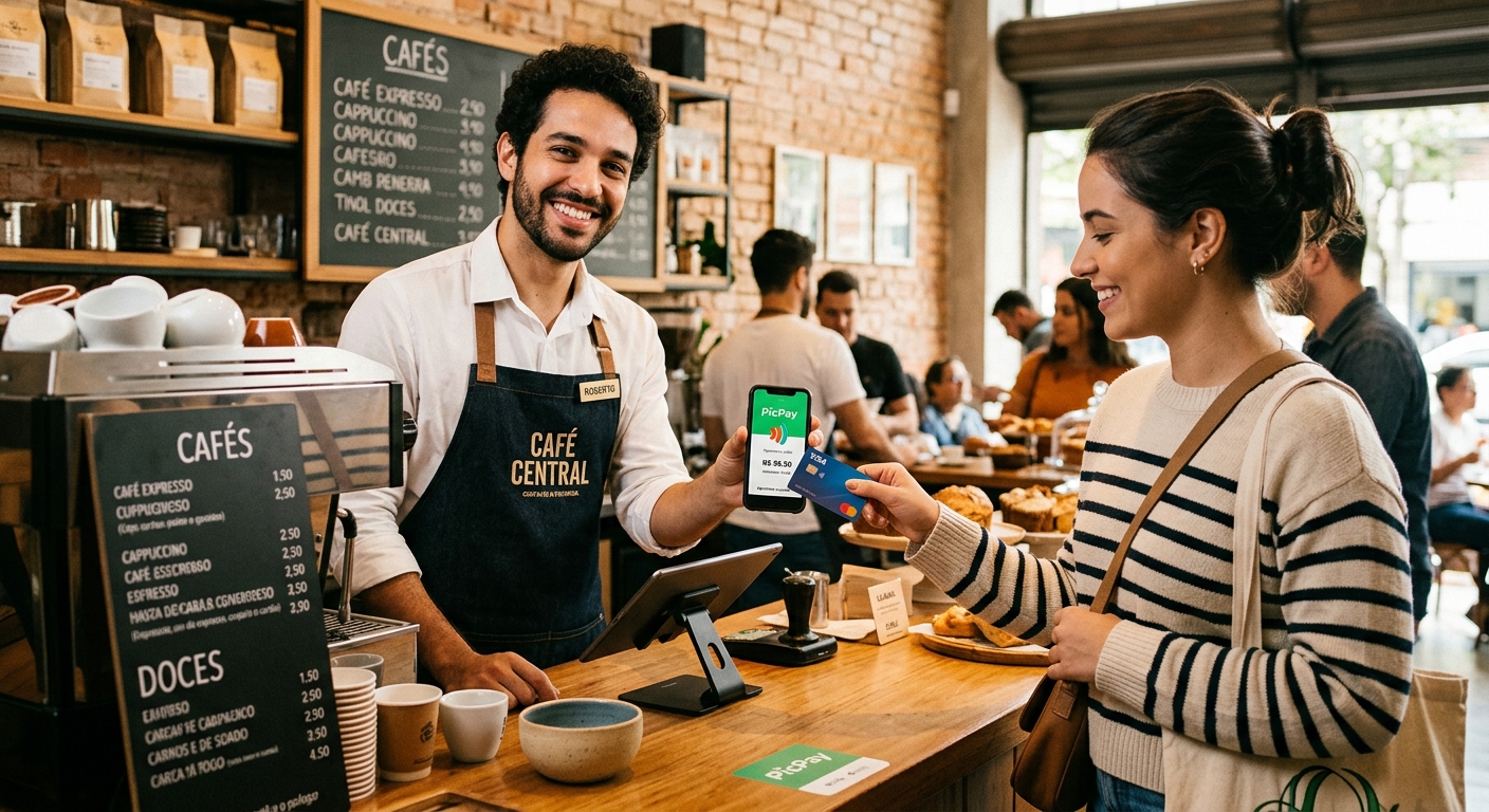 Uma imagem fotorrealista capturada em uma cafeteria aconchegante e rústica, onde um atendente com avental e sorriso amigável segura um smartphone. A tela do celular exibe claramente o aplicativo do PicPay, mostrando um saldo de "R$ 20,50" e o botão verde "Confirmar". Do outro lado do balcão de madeira, uma cliente com mochila nas costas e suéter marrom segura um cartão de crédito azul próximo ao topo do smartphone, realizando o pagamento por aproximação. O ambiente de fundo é animado, com outros clientes, prateleiras de madeira repletas de sacos de café e uma placa luminosa de neon que diz "CAFÉ DO MERCADO". A luz natural vinda da janela lateral ilumina o momento exato da transação, destacando a praticidade do PicPay transformando o celular em um terminal de pagamento.