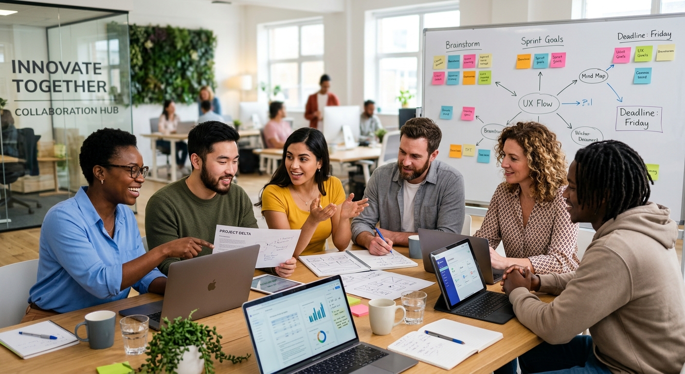 Equipe diversificada reunida em uma mesa discutindo Tendências de Mercado para 2026 com notebooks e quadros de planejamento ao fundo.