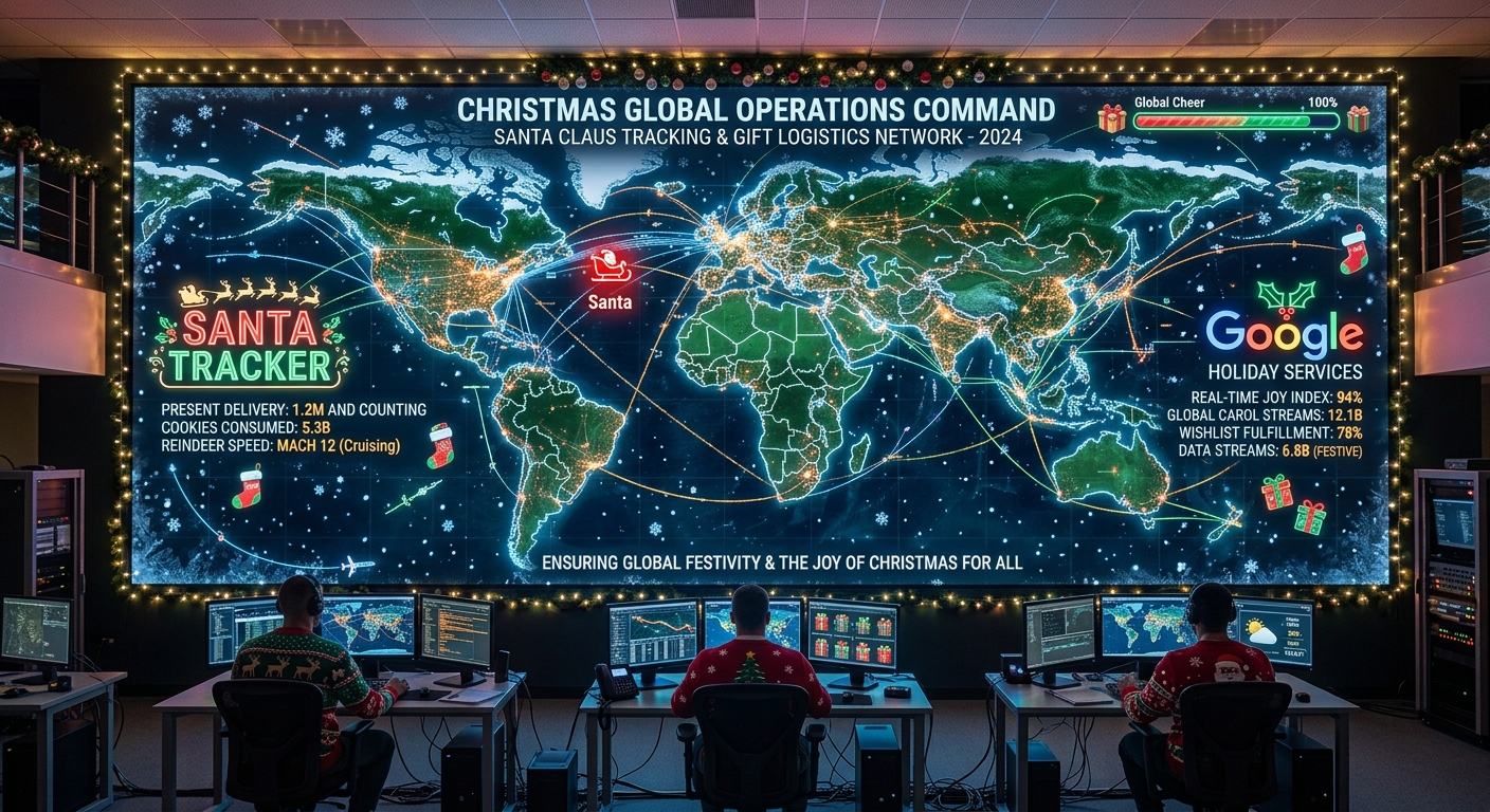 Uma foto de um centro de comando militar transformado para a época de Natal. Na parede central, uma gigantesca tela exibe um mapa global interativo intitulado 'CHRISTMAS GLOBAL OPERATIONS COMMAND', mostrando uma complexa rede de rastreamento com a localização de um ícone de Papai Noel no trenó. A tela inclui seções como 'SANTA TRACKER' (Rastreador do Papai Noel), estatísticas festivas como 'JOY INDEX' (Índice de Alegria) e uma referência ao 'GOOGLE HOLIDAY SERVICES' (Serviços de Férias do Google). Três operadores com gorros de Natal, de costas para a câmera, monitoram suas próprias estações de trabalho repletas de telas menores com gráficos de satélite e dados logísticos. A sala é decorada com guirlandas iluminadas, luzes pisca-pisca e elementos natalinos, unindo tecnologia de ponta com o espírito do Natal no rastreamento mágico.