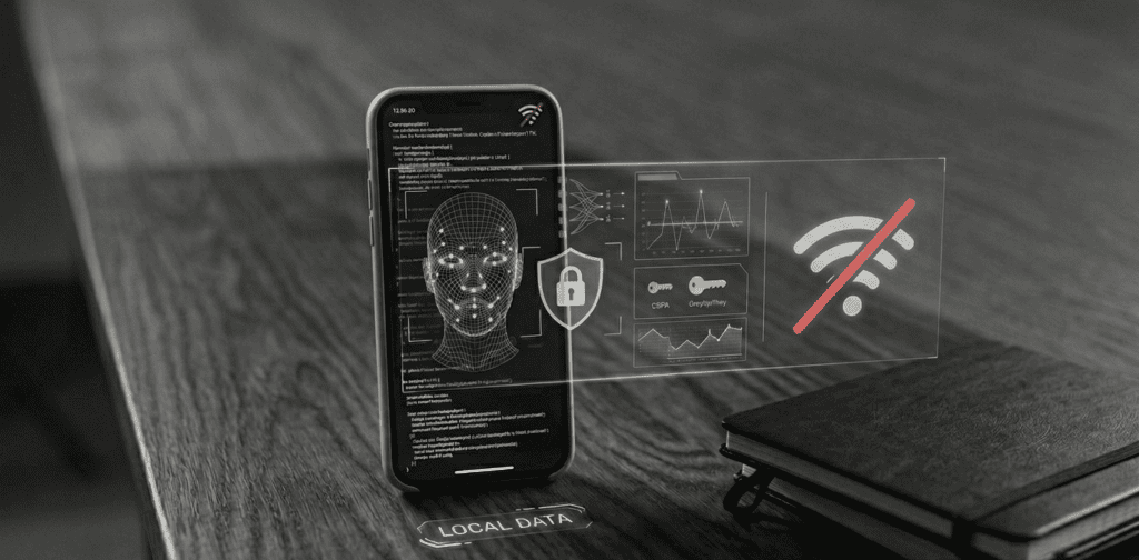 Smartphone exibindo processamento de IA em modo offline com ícone de Wi-Fi riscado e escudo de proteção de dados.