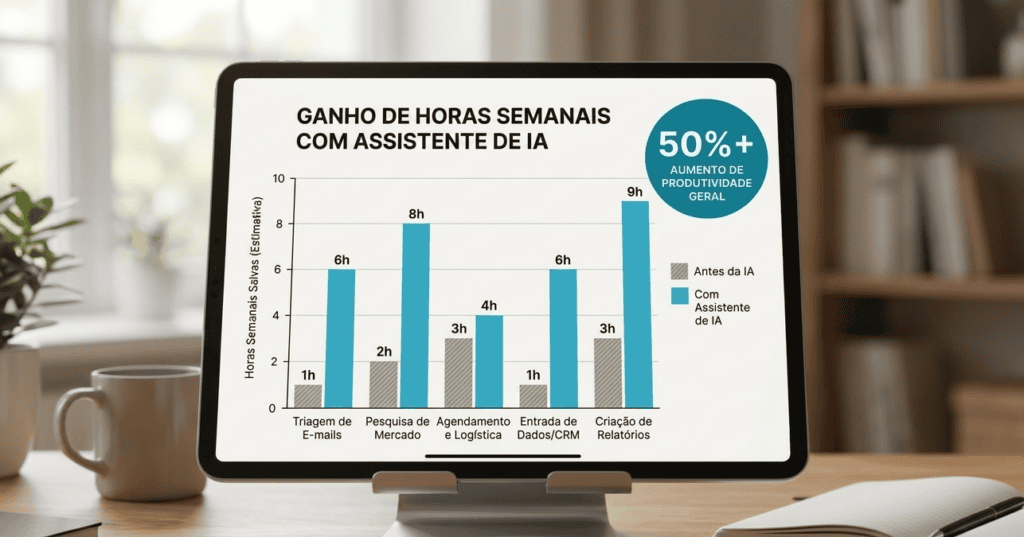 Gráfico de barras exibido em um tablet comparando o ganho de horas semanais antes e depois de implementar um assistente pessoal de IA em diversas tarefas corporativas.