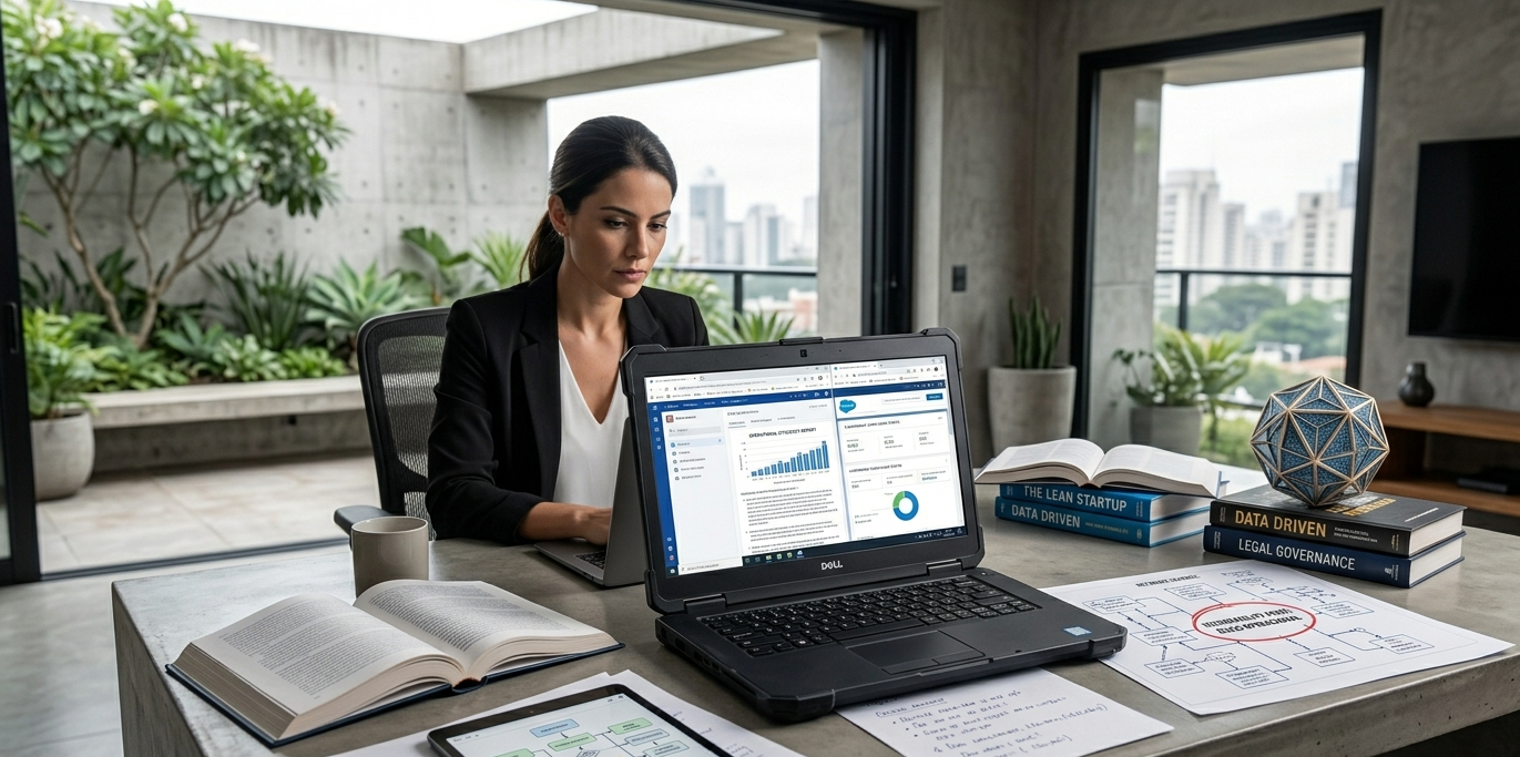 Uma executiva trabalha em um escritório moderno com vista para a cidade. Sobre a mesa de concreto, há um laptop robusto exibindo gráficos financeiros, um tablet com fluxogramas, livros de estratégia e documentos técnicos. A cena representa a aplicação prática e tangível da inteligência artificial no dia a dia corporativo.