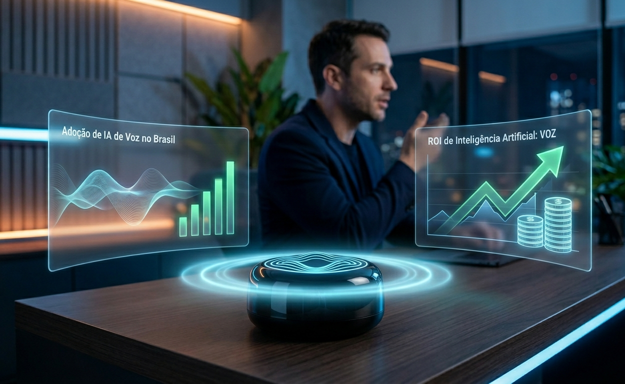 Executivo em escritório moderno interagindo com interface de voz holográfica que exibe gráficos de crescimento e o texto "ROI de Inteligência Artificial: VOZ".