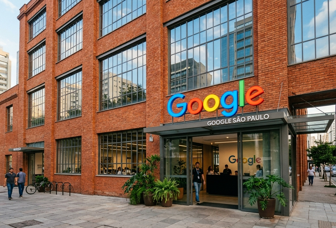 Fachada de um edifício de tijolos vermelhos e grandes janelas de vidro com o letreiro colorido do logotipo do Google em destaque na entrada.