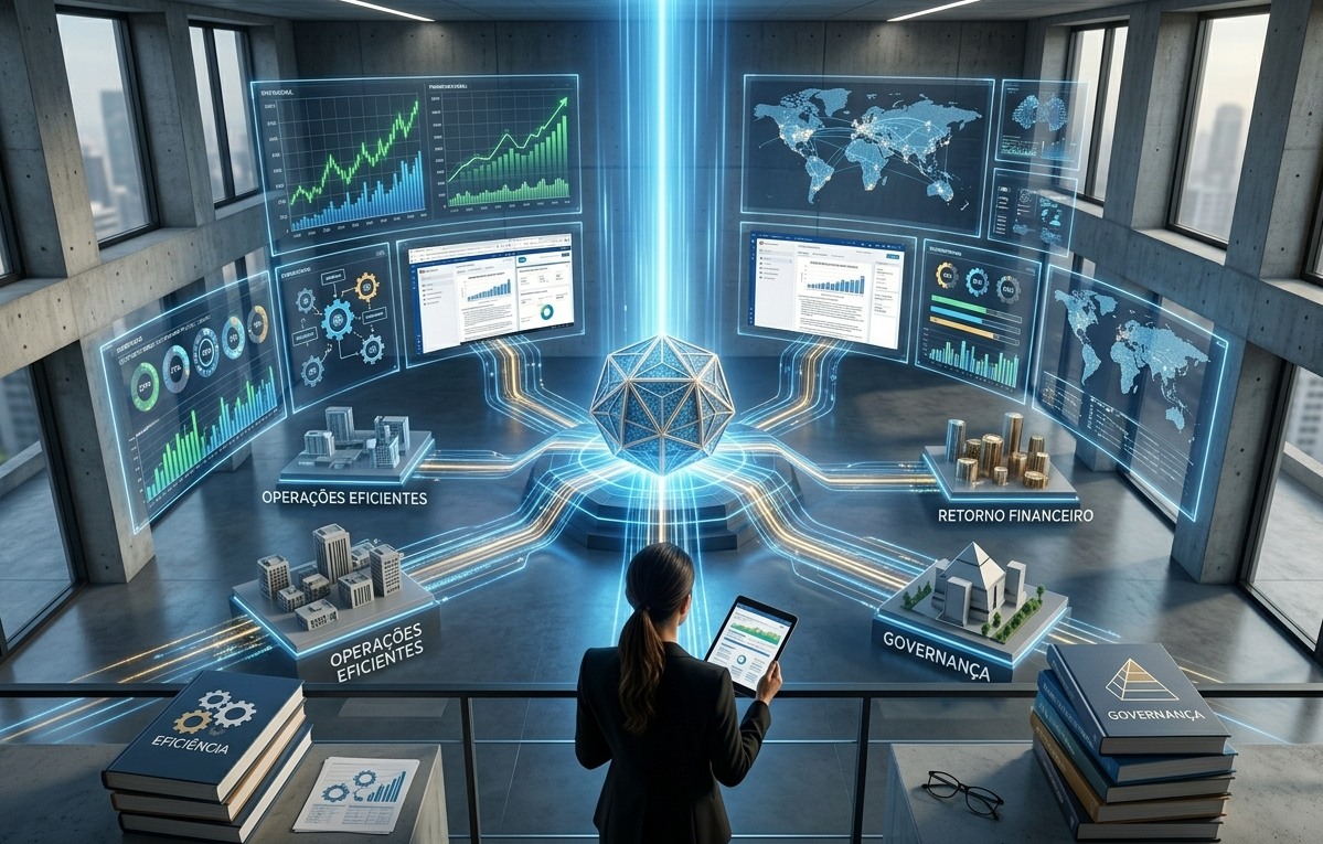 Visão aérea de uma executiva em um escritório de alta tecnologia, observando hologramas de análise financeira, mapas globais e estruturas de governança. A imagem simboliza a transformação de grandes investimentos em resultados tangíveis e controle operacional.