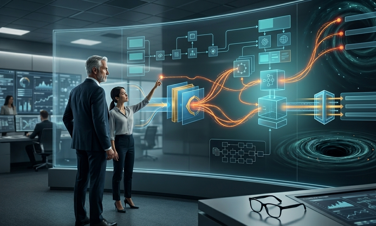 Executivos analisam uma visualização de fluxo de dados holográfico complexo em um centro de comando futurista. A visualização sem texto mostra blocos de dados integrados e linhas de energia laranja conectadas, com o homem de cabelos brancos observando e a mulher apontando para a interface.